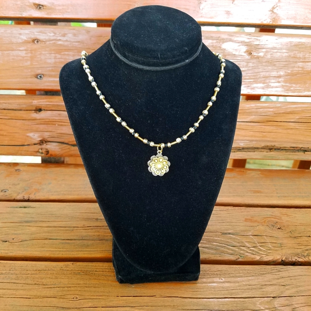 Silver & Gold Rhinestone Flower Necklace